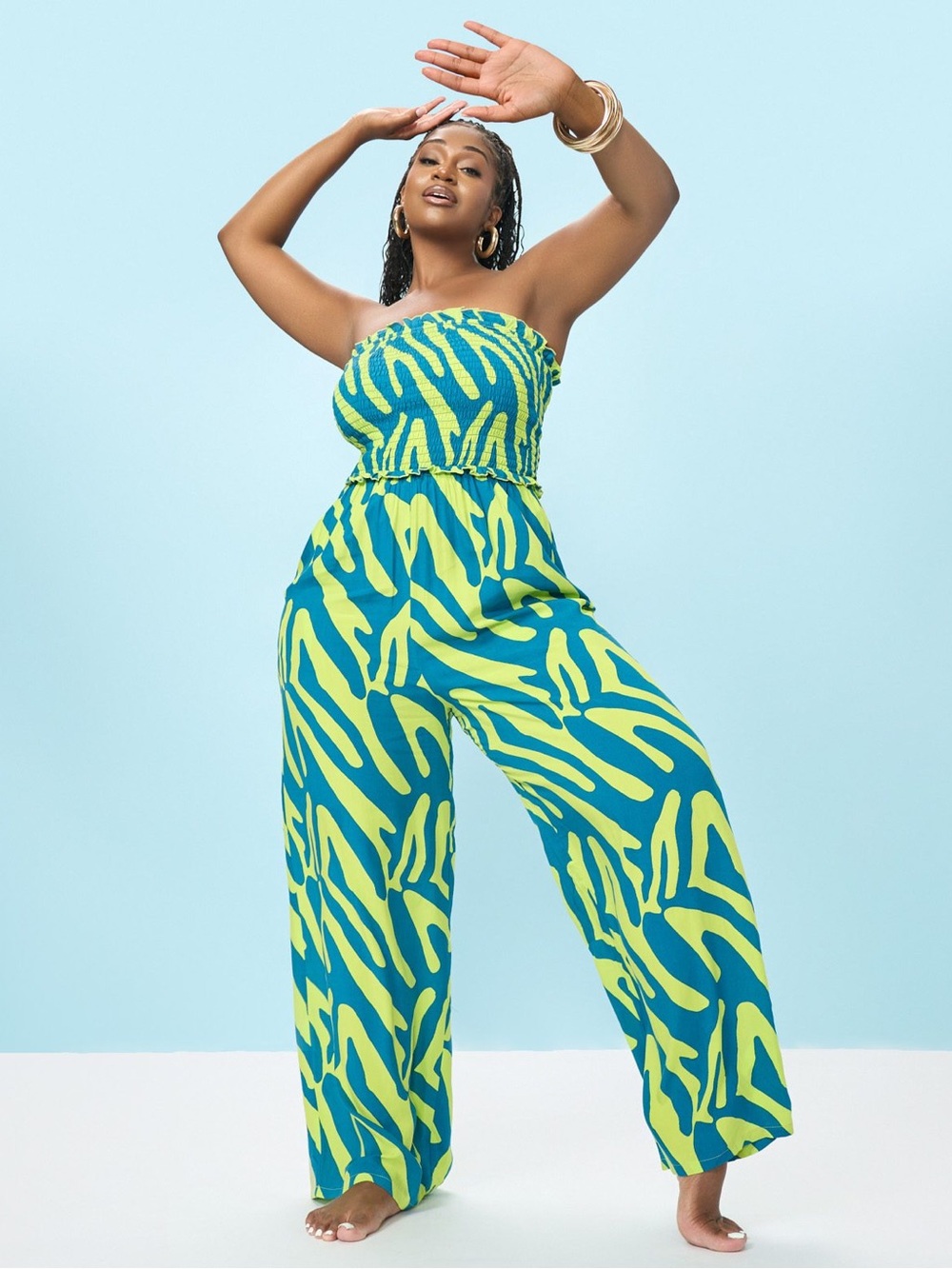 Diyanu Strapless Wide-Leg Absract Zebra print Jumpsuit in Lime & Teal XS
